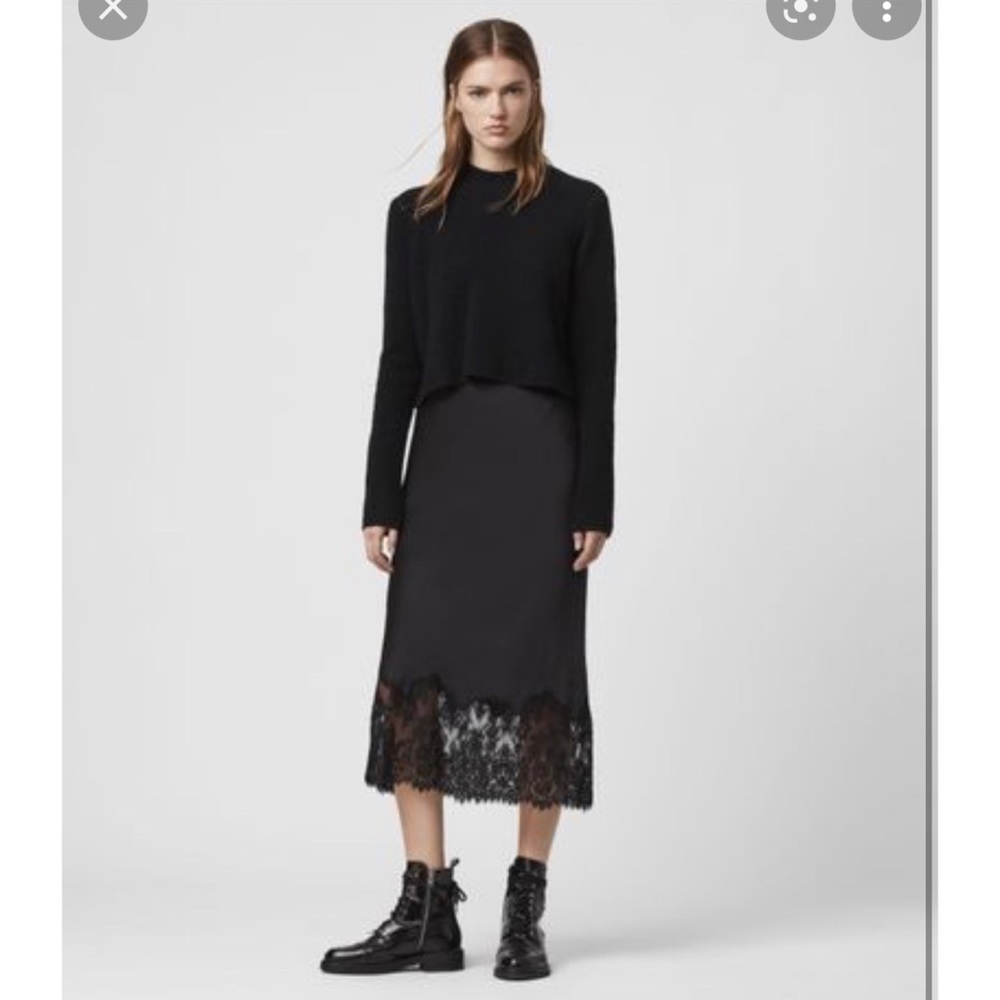 All Saints Bridgitte Lace Silky Satin Midi Black Skirt